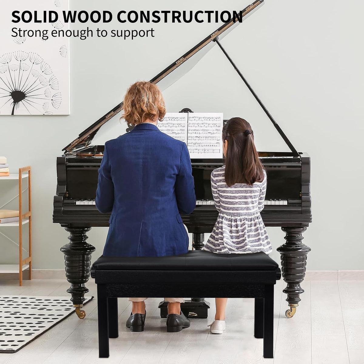 Adjustable Double/Duet Piano Bench,Solid Wood Piano Chair,Waterproof Piano Seat with Storage for Music Books & Leather Cushion,Heavy Duty Piano Stool for Keyboard Piano
