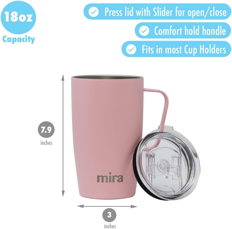 18 oz Insulated Coffee Mug - Stainless Steel Travel Cup with Easy-Grip Handle - Car Cup Holder Compatible - Taffy Pink