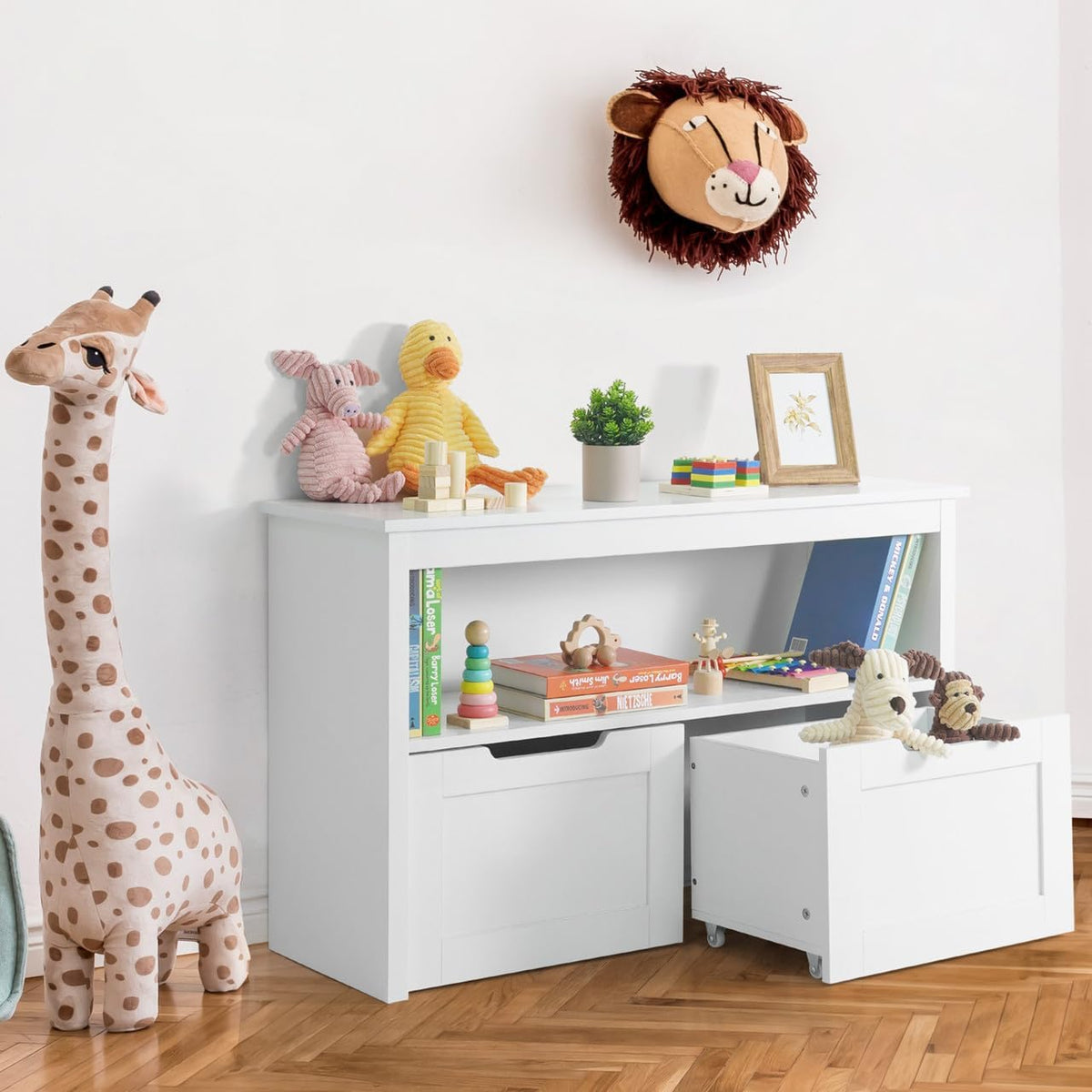 Toy Storage Organizer with 2 Wheeled Drawers, White, Playroom Organization and Storage, Floor Toy Box with Wheels and Shelf, for Kids, Boys and Girls, Nursery, Playroom and Bedroom