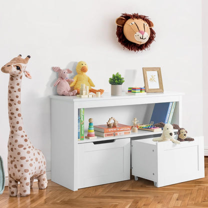 Toy Storage Organizer with 2 Wheeled Drawers, White, Playroom Organization and Storage, Floor Toy Box with Wheels and Shelf, for Kids, Boys and Girls, Nursery, Playroom and Bedroom