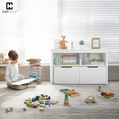 Toy Storage Organizer with 2 Wheeled Drawers, White, Playroom Organization and Storage, Floor Toy Box with Wheels and Shelf, for Kids, Boys and Girls, Nursery, Playroom and Bedroom