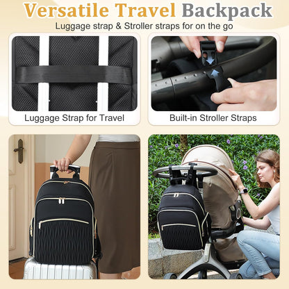 Diaper Bag Backpack - Baby Diaper Bag with Diaper Changing Pad Quilted Travel Diaper Backpack with 16 Pockets Waterproof Mommy Bag Large Baby Shower Gifts for Mom & Dad-Black