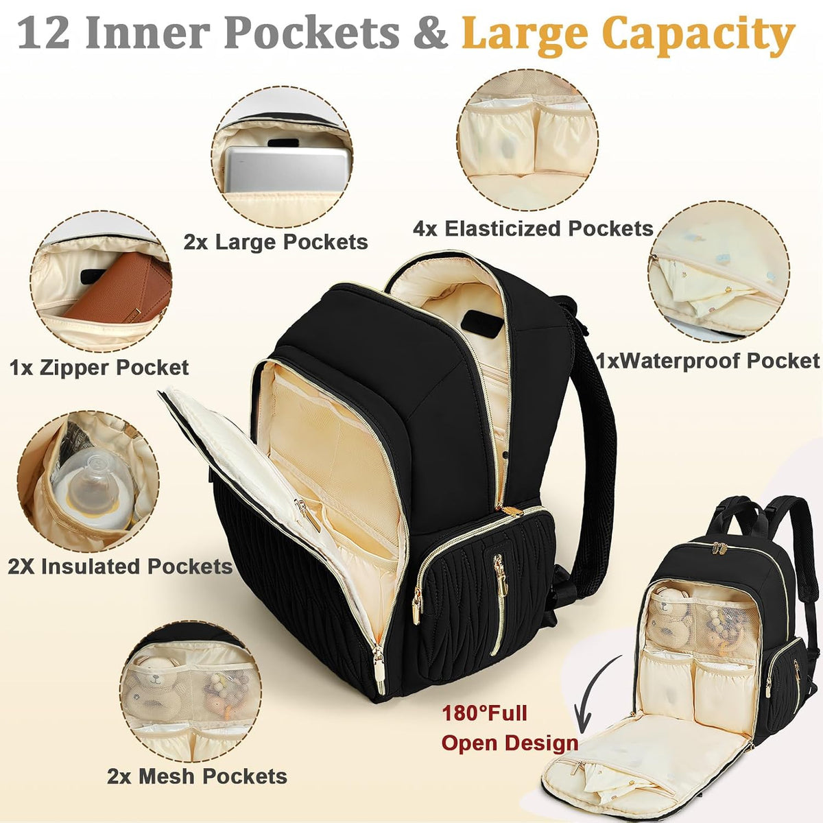 Diaper Bag Backpack - Baby Diaper Bag with Diaper Changing Pad Quilted Travel Diaper Backpack with 16 Pockets Waterproof Mommy Bag Large Baby Shower Gifts for Mom & Dad-Black
