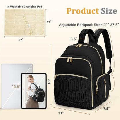 Diaper Bag Backpack - Baby Diaper Bag with Diaper Changing Pad Quilted Travel Diaper Backpack with 16 Pockets Waterproof Mommy Bag Large Baby Shower Gifts for Mom & Dad-Black