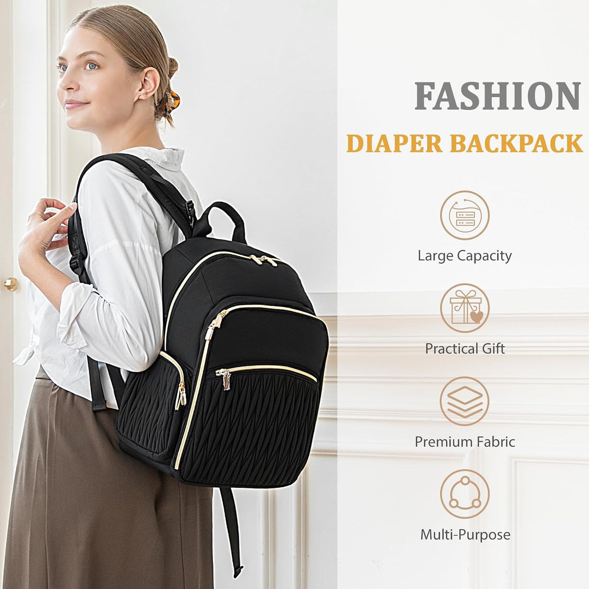 Diaper Bag Backpack - Baby Diaper Bag with Diaper Changing Pad Quilted Travel Diaper Backpack with 16 Pockets Waterproof Mommy Bag Large Baby Shower Gifts for Mom & Dad-Black