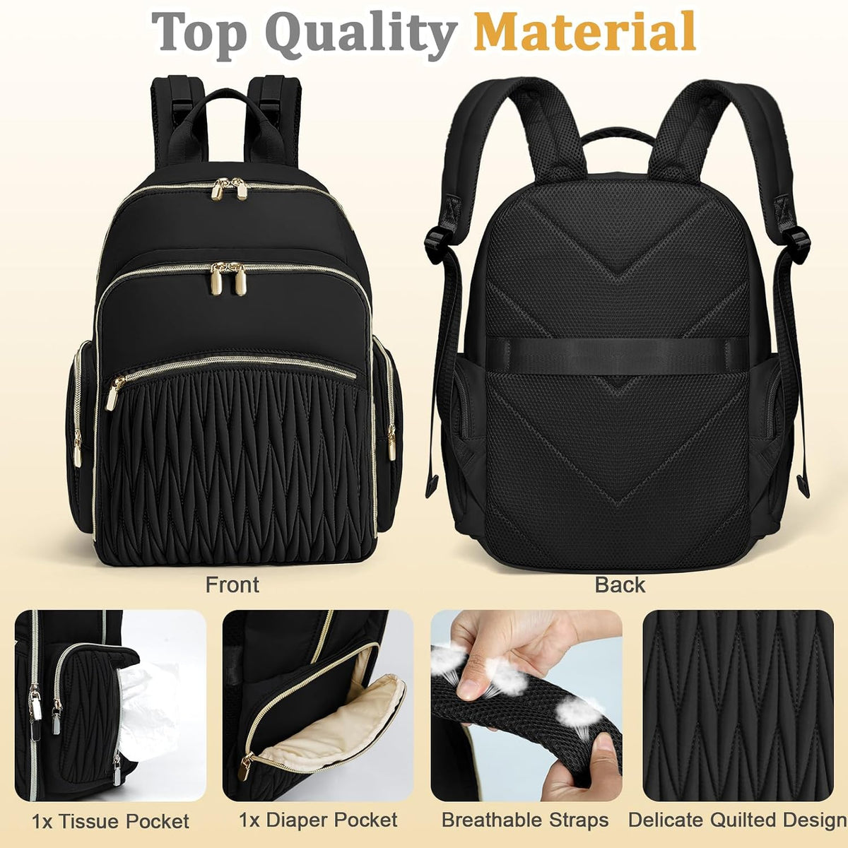 Diaper Bag Backpack - Baby Diaper Bag with Diaper Changing Pad Quilted Travel Diaper Backpack with 16 Pockets Waterproof Mommy Bag Large Baby Shower Gifts for Mom & Dad-Black