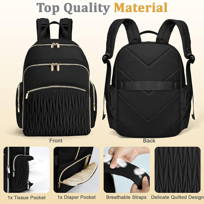 Diaper Bag Backpack - Baby Diaper Bag with Diaper Changing Pad Quilted Travel Diaper Backpack with 16 Pockets Waterproof Mommy Bag Large Baby Shower Gifts for Mom & Dad-Black