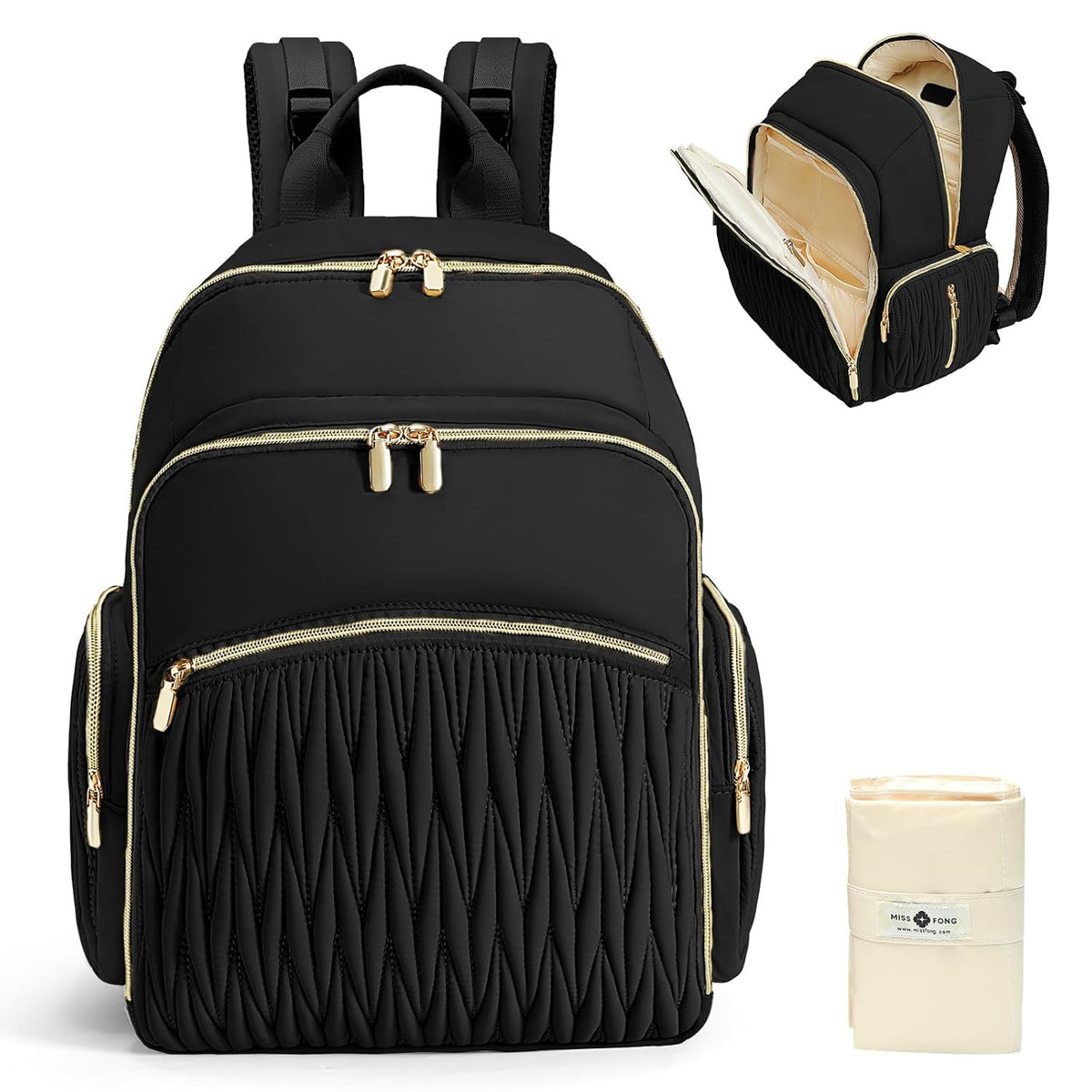 Diaper Bag Backpack - Baby Diaper Bag with Diaper Changing Pad Quilted Travel Diaper Backpack with 16 Pockets Waterproof Mommy Bag Large Baby Shower Gifts for Mom & Dad-Black