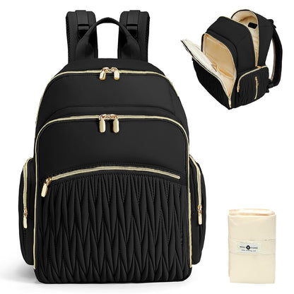 Diaper Bag Backpack - Baby Diaper Bag with Diaper Changing Pad Quilted Travel Diaper Backpack with 16 Pockets Waterproof Mommy Bag Large Baby Shower Gifts for Mom & Dad-Black