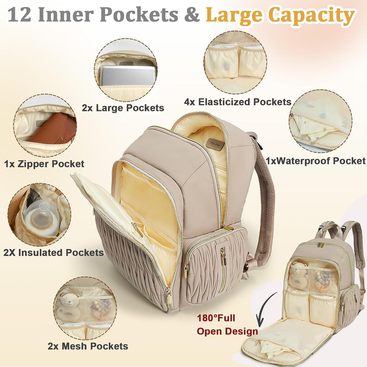 Diaper Bag Backpack - Baby Diaper Bag with Diaper Changing Pad Quilted Travel Diaper Backpack with 16 Pockets Waterproof Mommy Bag Large Baby Shower Gifts for Mom & Dad-Black