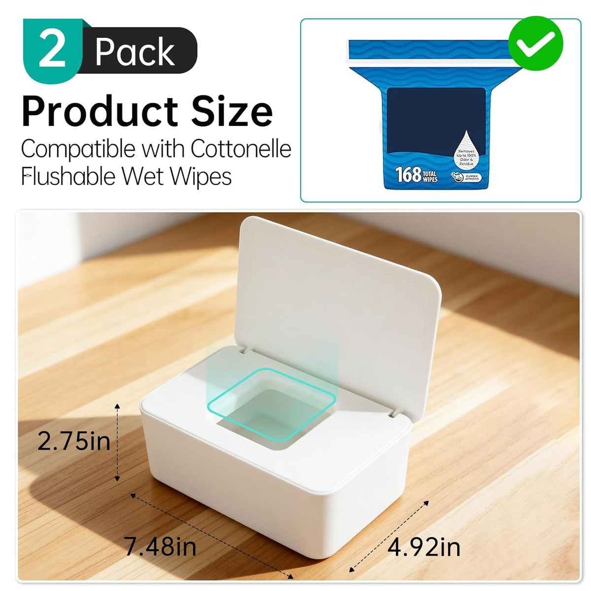 2 Pack Wipes Dispenser Compatible with Cottonelle Refill Pack, Flushable Wet Wipes Container, Wipe Holder with Lid to Keep Wipes Fresh, Refillable Wipe Case, Dust-Proof & Non-Slip