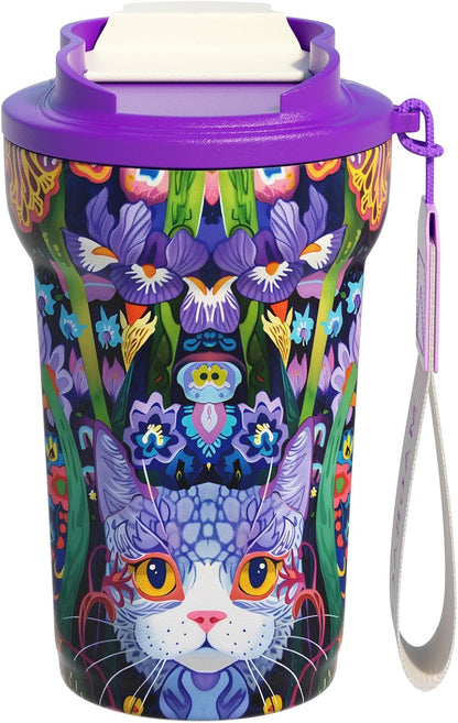 MAGRACE Ceramic Lined Reusable Travel Cups with Lids 14 Oz Kitten Aesthetic | Double Wall Vacuum Insulated Mug Cat Lovers Hot & Cold Drinks, Mom Gifts Water Bottle for Women Men Friend Birthday Party