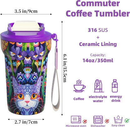 MAGRACE Ceramic Lined Reusable Travel Cups with Lids 14 Oz Kitten Aesthetic | Double Wall Vacuum Insulated Mug Cat Lovers Hot & Cold Drinks, Mom Gifts Water Bottle for Women Men Friend Birthday Party