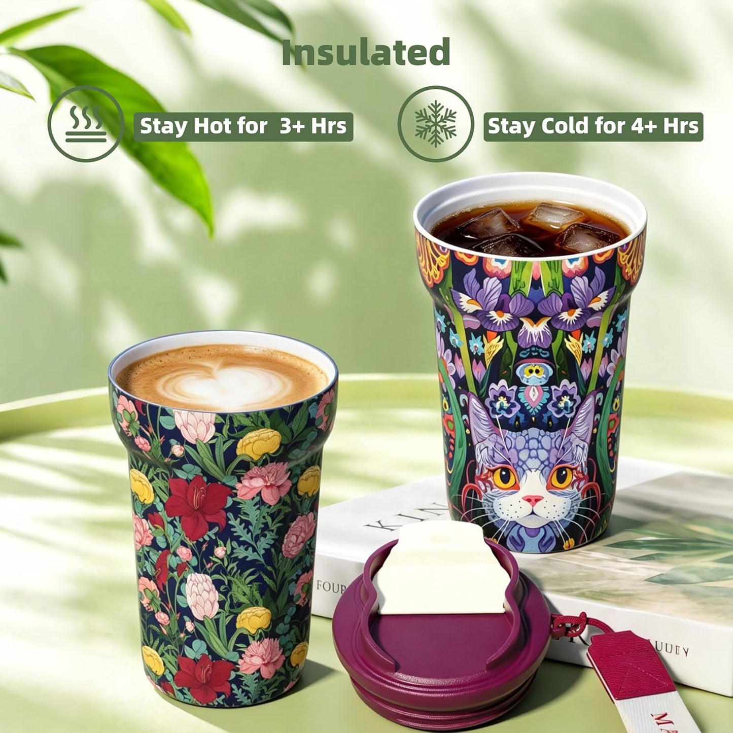 MAGRACE Ceramic Lined Reusable Travel Cups with Lids 14 Oz Kitten Aesthetic | Double Wall Vacuum Insulated Mug Cat Lovers Hot & Cold Drinks, Mom Gifts Water Bottle for Women Men Friend Birthday Party