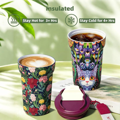 MAGRACE Ceramic Lined Reusable Travel Cups with Lids 14 Oz Kitten Aesthetic | Double Wall Vacuum Insulated Mug Cat Lovers Hot & Cold Drinks, Mom Gifts Water Bottle for Women Men Friend Birthday Party
