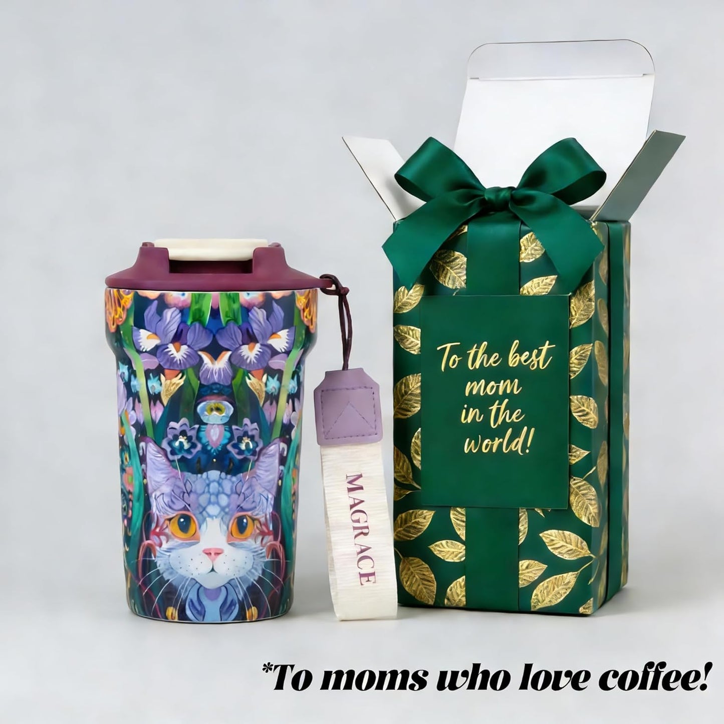 MAGRACE Ceramic Lined Reusable Travel Cups with Lids 14 Oz Kitten Aesthetic | Double Wall Vacuum Insulated Mug Cat Lovers Hot & Cold Drinks, Mom Gifts Water Bottle for Women Men Friend Birthday Party