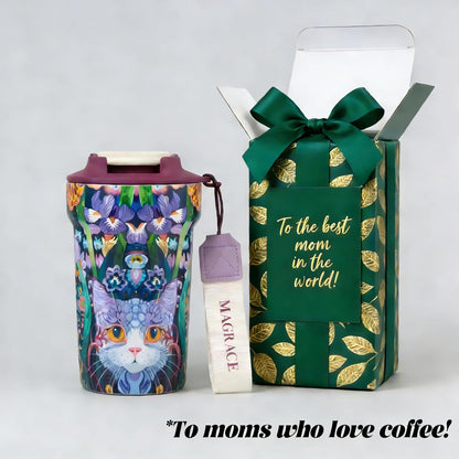 MAGRACE Ceramic Lined Reusable Travel Cups with Lids 14 Oz Kitten Aesthetic | Double Wall Vacuum Insulated Mug Cat Lovers Hot & Cold Drinks, Mom Gifts Water Bottle for Women Men Friend Birthday Party