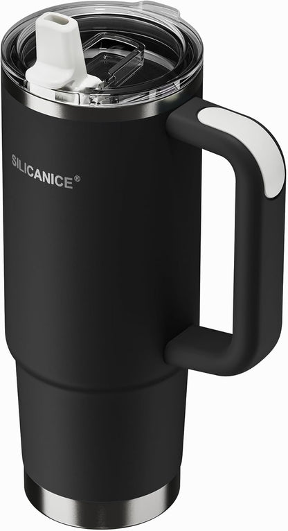 30oz Hygienic Insulated Tumbler with Handle — 100% Leakproof Lid with Removable Spout & Straw, Reinforced Vacuum-Protection Base, Cup Holder Friendly, for Travel/Gym/Office- Black