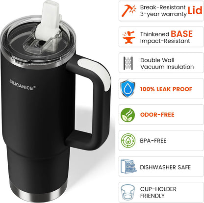 30oz Hygienic Insulated Tumbler with Handle — 100% Leakproof Lid with Removable Spout & Straw, Reinforced Vacuum-Protection Base, Cup Holder Friendly, for Travel/Gym/Office- Black