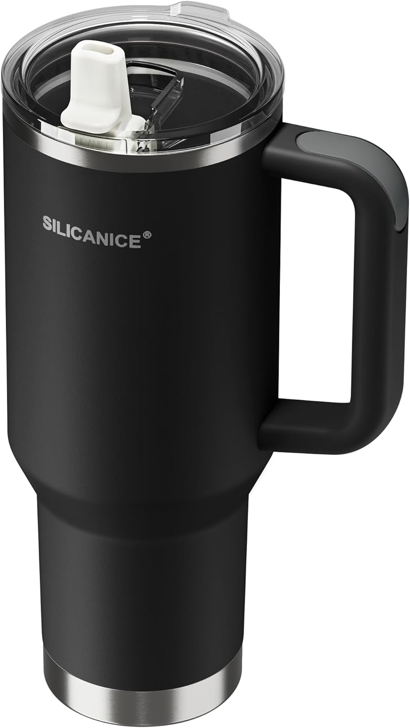 30oz Hygienic Insulated Tumbler with Handle — 100% Leakproof Lid with Removable Spout & Straw, Reinforced Vacuum-Protection Base, Cup Holder Friendly, for Travel/Gym/Office- Black