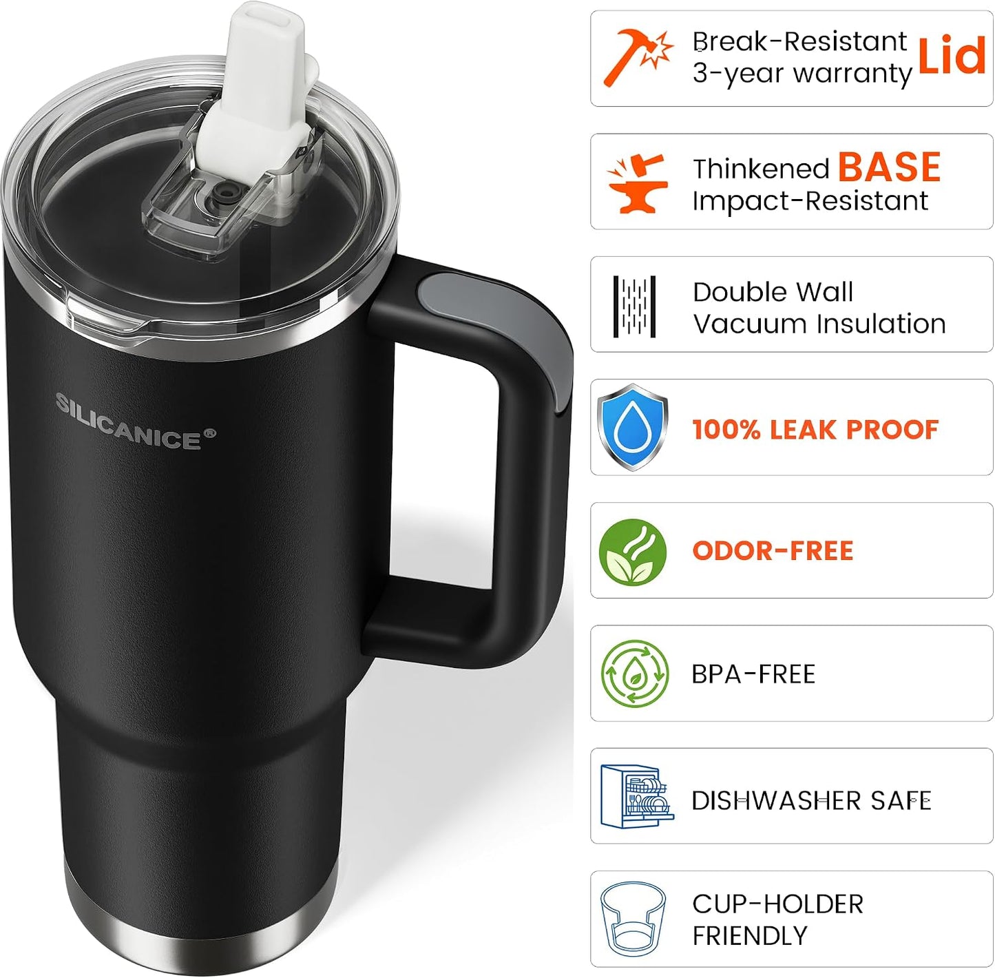 30oz Hygienic Insulated Tumbler with Handle — 100% Leakproof Lid with Removable Spout & Straw, Reinforced Vacuum-Protection Base, Cup Holder Friendly, for Travel/Gym/Office- Black