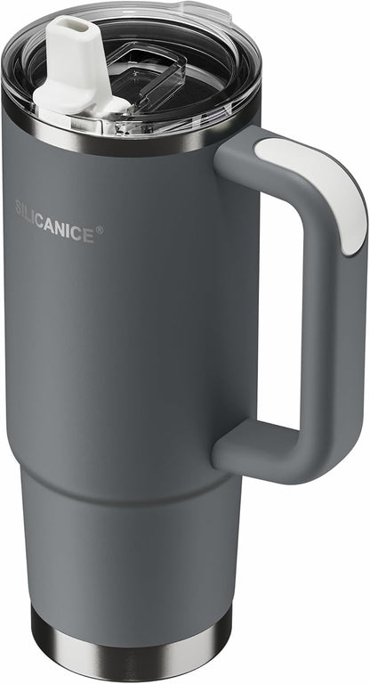 30oz Hygienic Insulated Tumbler with Handle — 100% Leakproof Lid with Removable Spout & Straw, Reinforced Vacuum-Protection Base, Cup Holder Friendly, for Travel/Gym/Office- Black