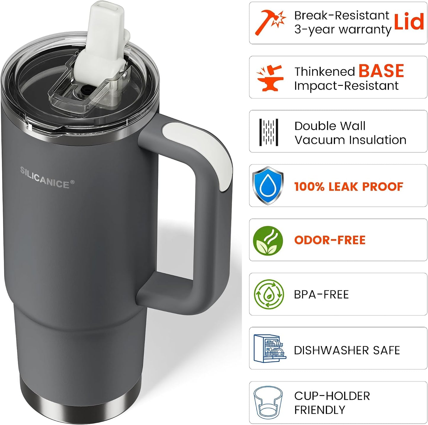 30oz Hygienic Insulated Tumbler with Handle — 100% Leakproof Lid with Removable Spout & Straw, Reinforced Vacuum-Protection Base, Cup Holder Friendly, for Travel/Gym/Office- Black