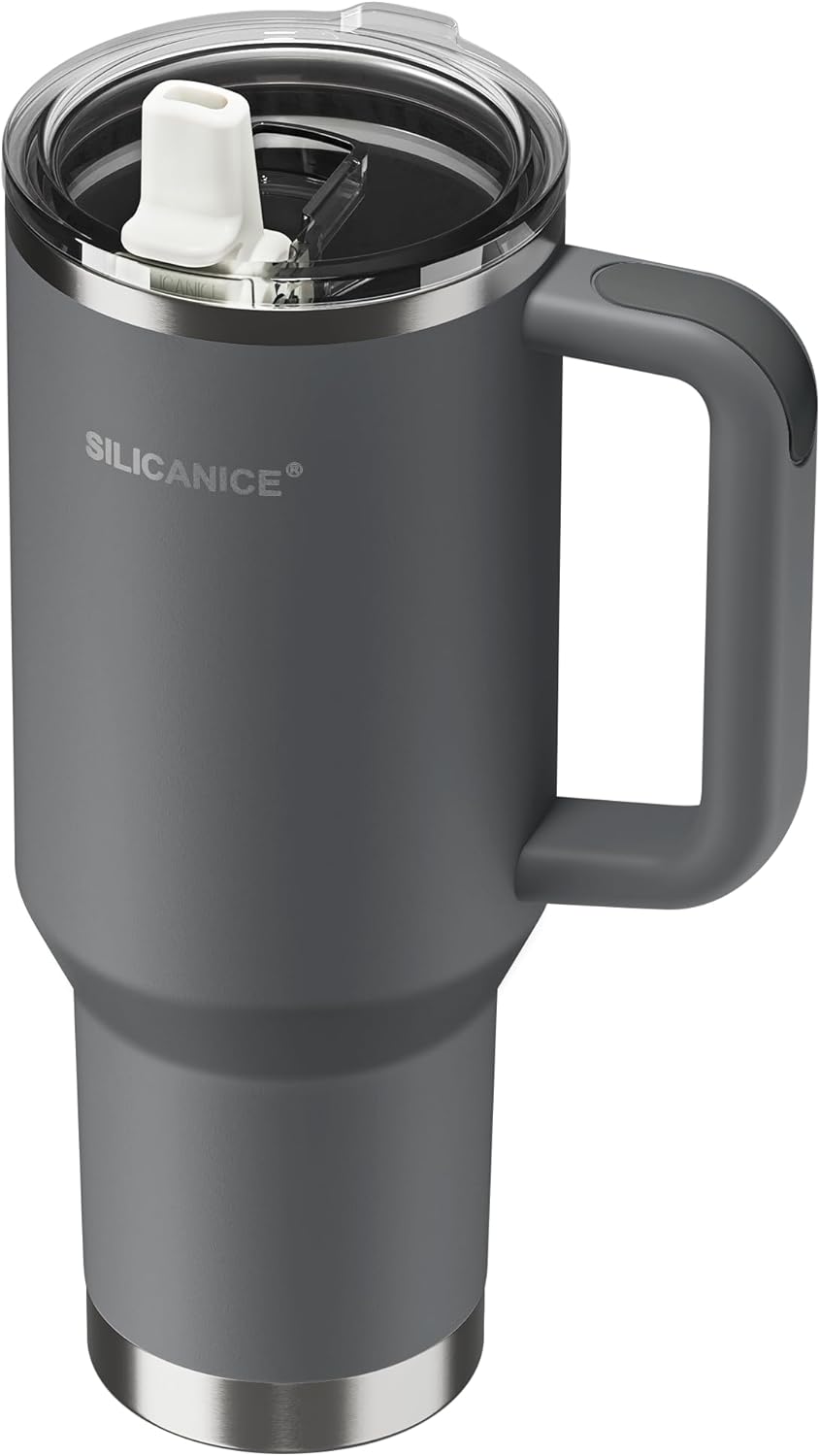 30oz Hygienic Insulated Tumbler with Handle — 100% Leakproof Lid with Removable Spout & Straw, Reinforced Vacuum-Protection Base, Cup Holder Friendly, for Travel/Gym/Office- Black