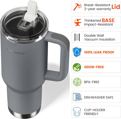 30oz Hygienic Insulated Tumbler with Handle — 100% Leakproof Lid with Removable Spout & Straw, Reinforced Vacuum-Protection Base, Cup Holder Friendly, for Travel/Gym/Office- Black