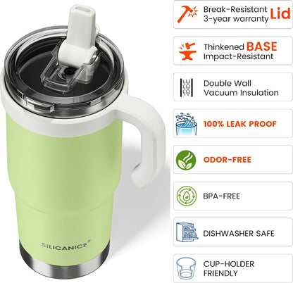 30oz Hygienic Insulated Tumbler with Handle — 100% Leakproof Lid with Removable Spout & Straw, Reinforced Vacuum-Protection Base, Cup Holder Friendly, for Travel/Gym/Office- Black