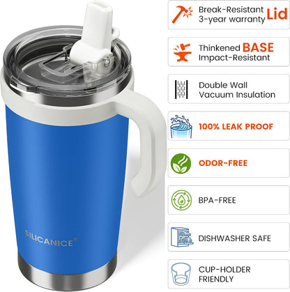 30oz Hygienic Insulated Tumbler with Handle — 100% Leakproof Lid with Removable Spout & Straw, Reinforced Vacuum-Protection Base, Cup Holder Friendly, for Travel/Gym/Office- Black