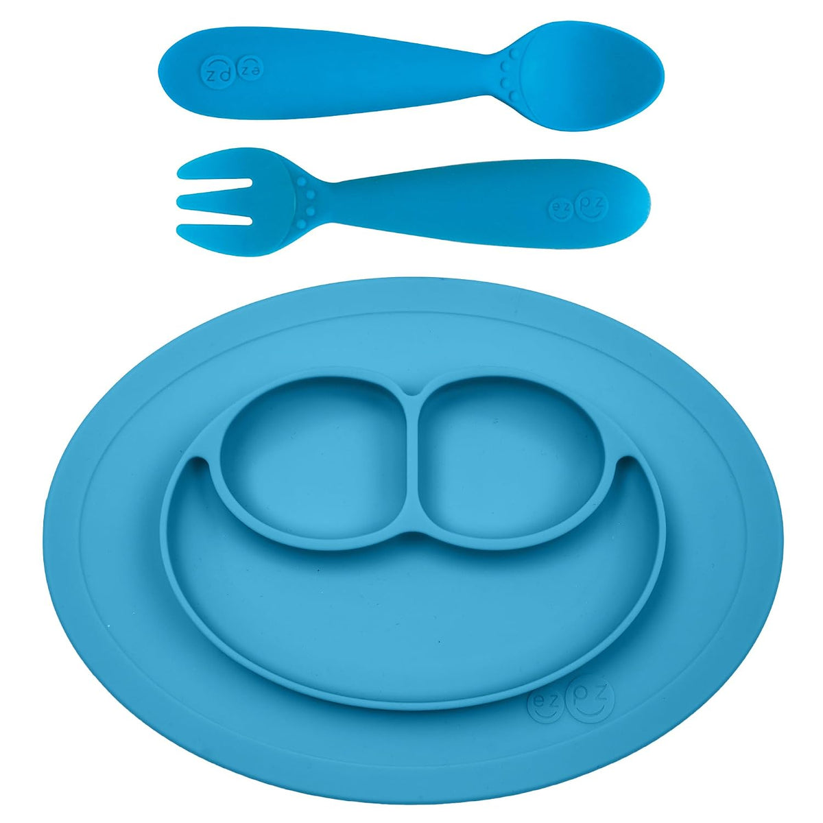 Mini Mat (Blue) + Mini Utensils (Fork & Spoon in Blue) - Toddler essentials mat and spoon