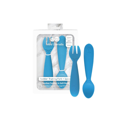 Mini Mat (Blue) + Mini Utensils (Fork & Spoon in Blue) - Toddler essentials mat and spoon