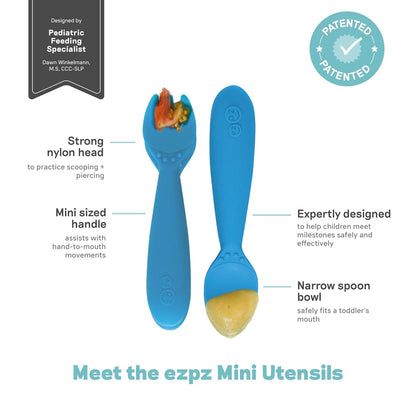Mini Mat (Blue) + Mini Utensils (Fork & Spoon in Blue) - Toddler essentials mat and spoon