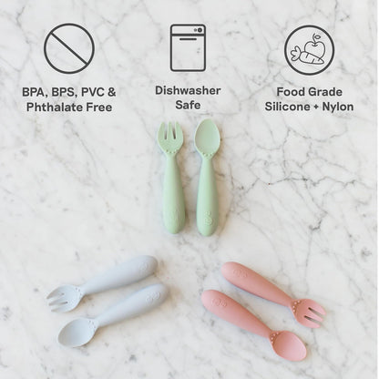 Mini Mat (Blue) + Mini Utensils (Fork & Spoon in Blue) - Toddler essentials mat and spoon