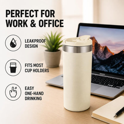 16 oz Insulated Coffee Travel Mug with Flip Lid, Stainless Steel Vacuum Tumbler, Leak-Resistant Double Wall Thermal Cup for Hot & Cold Drinks, Cream White
