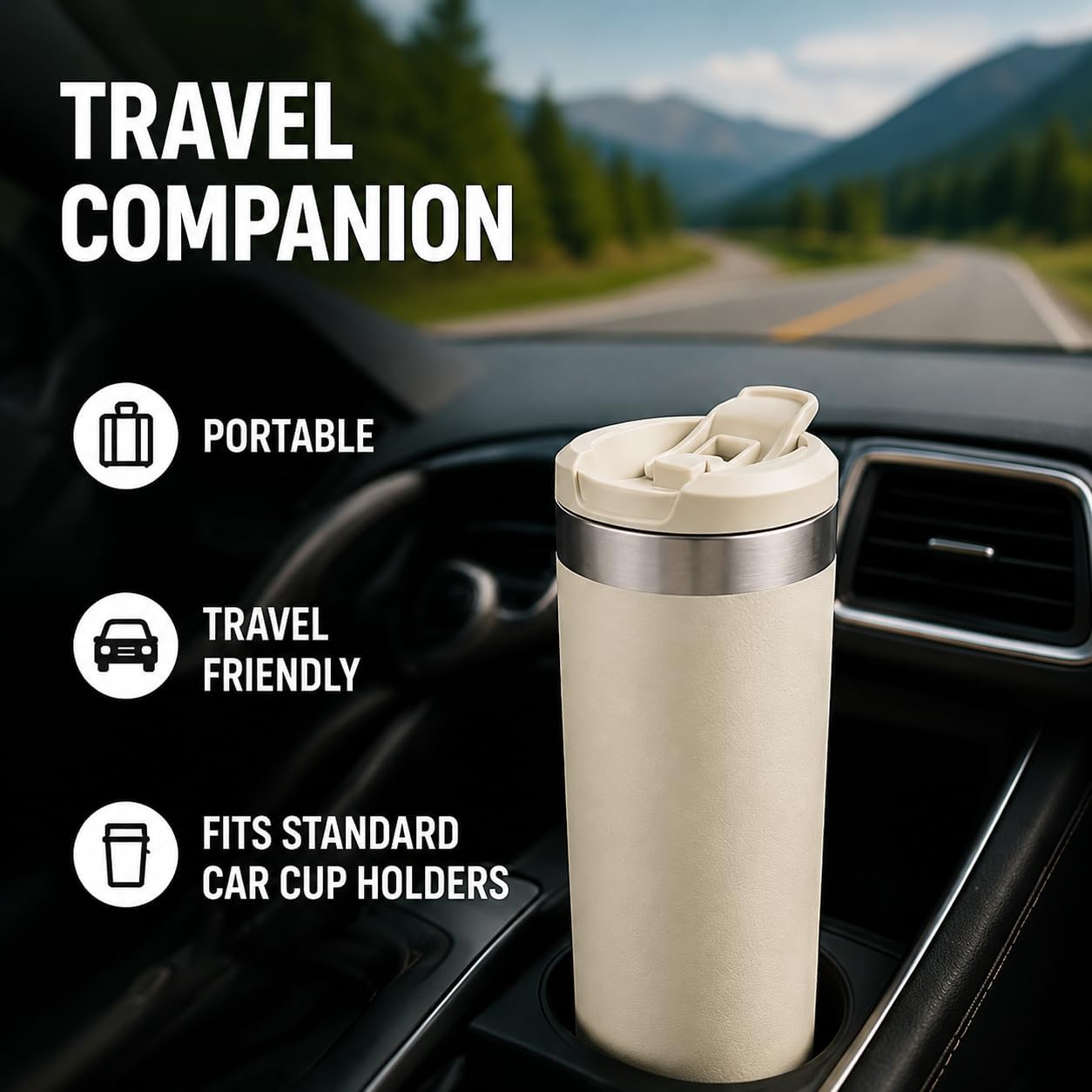16 oz Insulated Coffee Travel Mug with Flip Lid, Stainless Steel Vacuum Tumbler, Leak-Resistant Double Wall Thermal Cup for Hot & Cold Drinks, Cream White