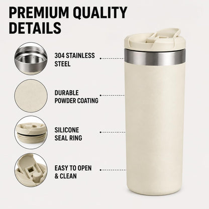 16 oz Insulated Coffee Travel Mug with Flip Lid, Stainless Steel Vacuum Tumbler, Leak-Resistant Double Wall Thermal Cup for Hot & Cold Drinks, Cream White