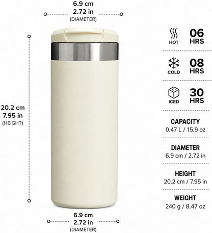 16 oz Insulated Coffee Travel Mug with Flip Lid, Stainless Steel Vacuum Tumbler, Leak-Resistant Double Wall Thermal Cup for Hot & Cold Drinks, Cream White
