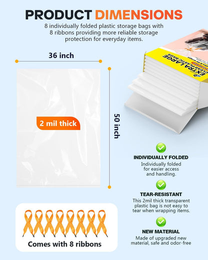 40x60 Inch Extra Large Clear Plastic Storage Bag for Luggage Cover, 8 Pack