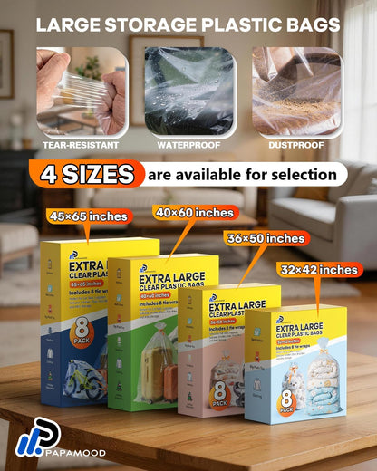 40x60 Inch Extra Large Clear Plastic Storage Bag for Luggage Cover, 8 Pack