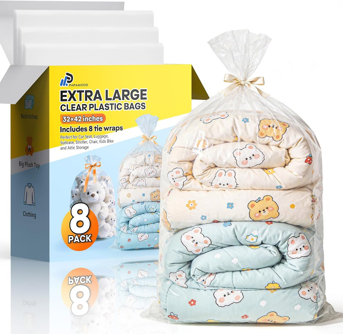 40x60 Inch Extra Large Clear Plastic Storage Bag for Luggage Cover, 8 Pack