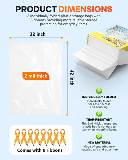 40x60 Inch Extra Large Clear Plastic Storage Bag for Luggage Cover, 8 Pack