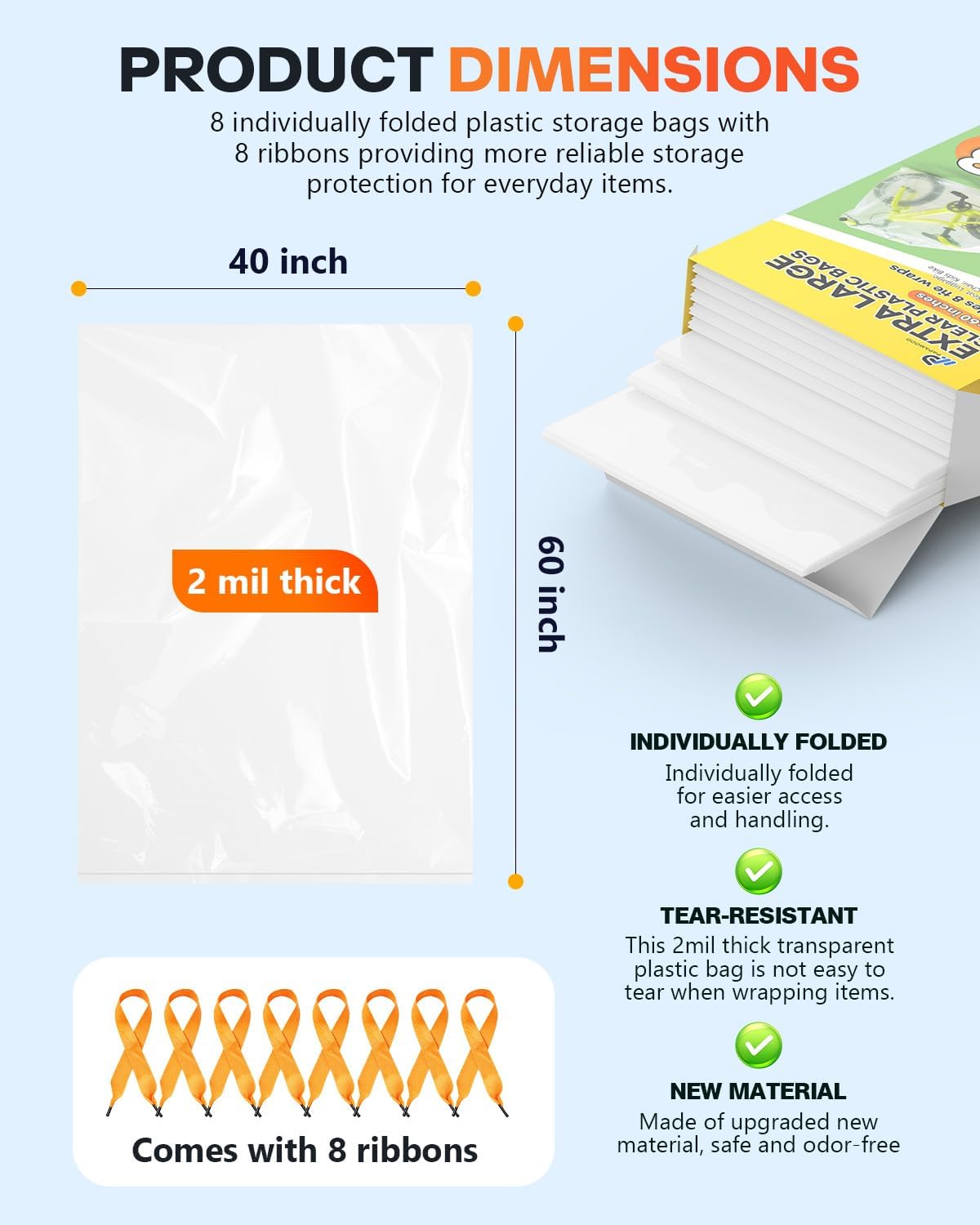 40x60 Inch Extra Large Clear Plastic Storage Bag for Luggage Cover, 8 Pack