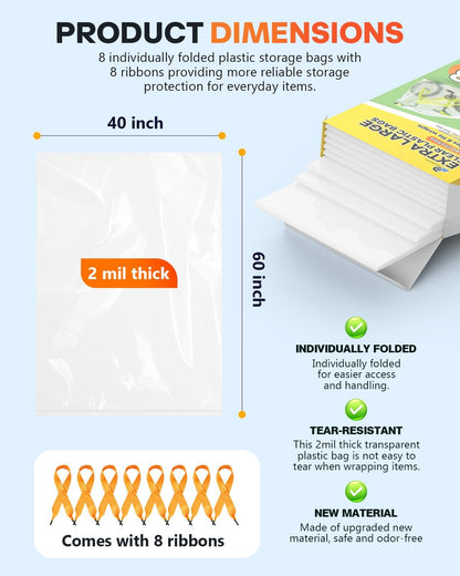 40x60 Inch Extra Large Clear Plastic Storage Bag for Luggage Cover, 8 Pack