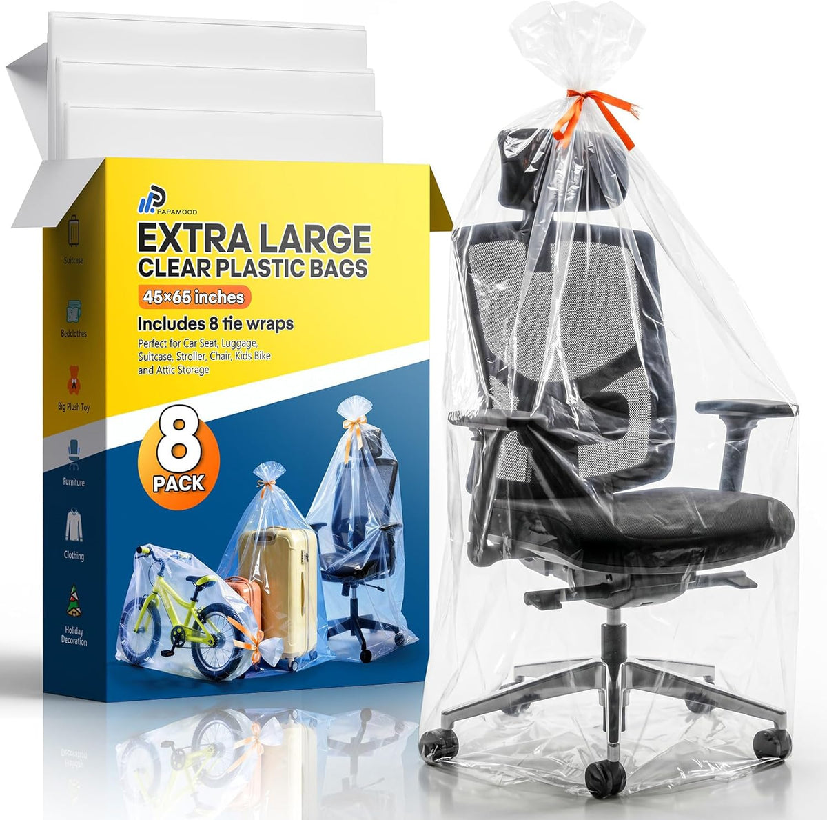 40x60 Inch Extra Large Clear Plastic Storage Bag for Luggage Cover, 8 Pack