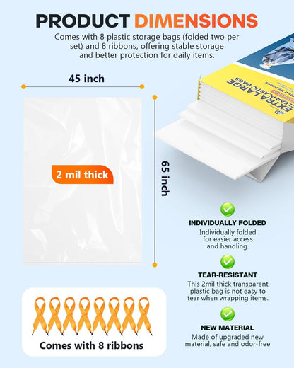 40x60 Inch Extra Large Clear Plastic Storage Bag for Luggage Cover, 8 Pack