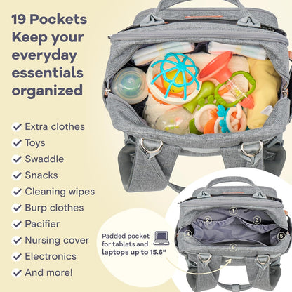 Diaper Bag Backpack-Multifunction Travel Baby Diaper Bag with Changing Pad, Insulated Bottle Holders & Pacifier Case, Large Capacity, Waterproof, Gray