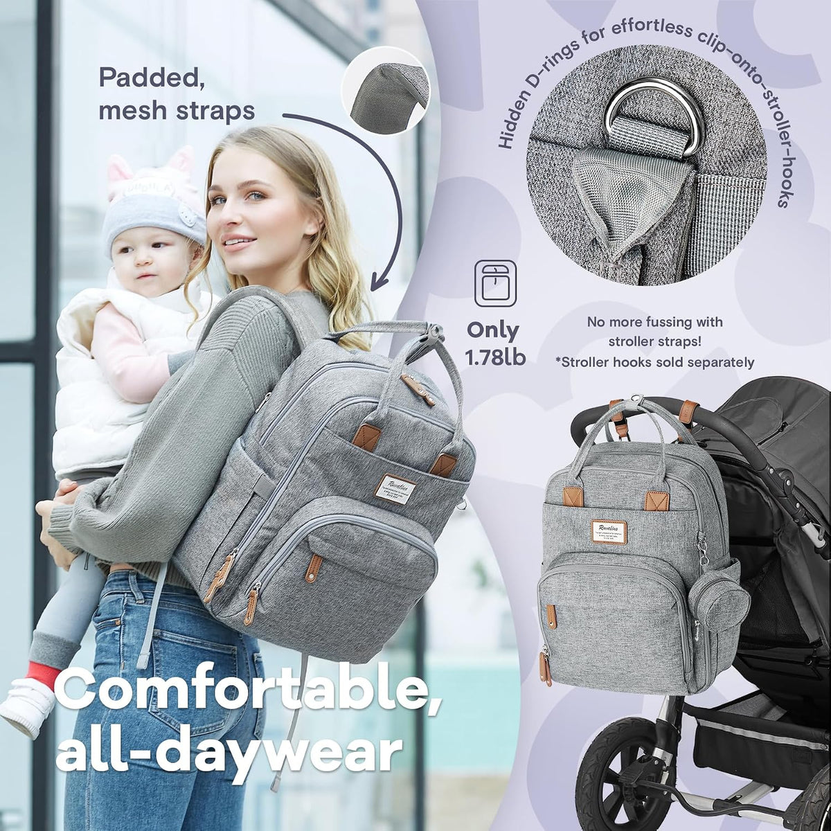 Diaper Bag Backpack-Multifunction Travel Baby Diaper Bag with Changing Pad, Insulated Bottle Holders & Pacifier Case, Large Capacity, Waterproof, Gray
