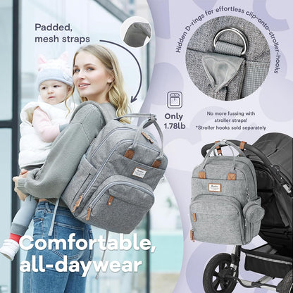 Diaper Bag Backpack-Multifunction Travel Baby Diaper Bag with Changing Pad, Insulated Bottle Holders & Pacifier Case, Large Capacity, Waterproof, Gray